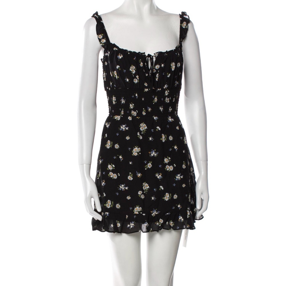 Reformation Black Floral Mini Dress w. Center Tie, Ruffle Trim, Spaghetti Straps